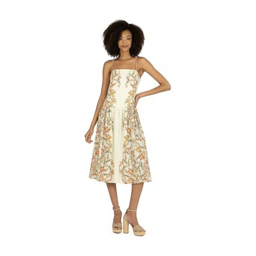 Super Natural by Secret Mission Suzy Bird Print Drop Waist Midi Dress Linen XS